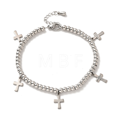 304 Stainless Steel Cross Charm Bracelet with 201 Stainless Steel Round Beads for Women BJEW-B057-24P-1