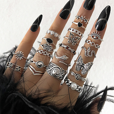 21Pcs Alloy Enamel with Plastic Pearl Finger Rings Sets FS-WG05D6A-01-1
