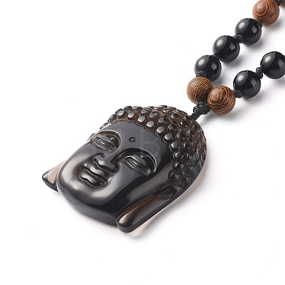 Natural Ice Crystal Obsidian Buddha Head Pendant Necklaces NJEW-JN03644-1