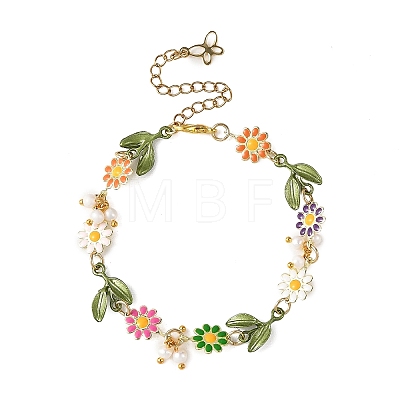 Brass Enamel Colorful Flower Link Chain Bracelets with Natural Pearl Beads for Women BJEW-JB14174-1