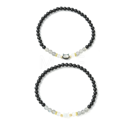 2Pcs Natural Selenite & Labradorite & Black Tourmaline & Shell Beaded Stretch Bracelets BJEW-JB13830-1