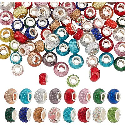  100Pcs 2 Style Polymer Clay Rhinestone & Resin European Large Hole Beads with Silver Color Plated Brass Cores FPDL-NB0001-04-1