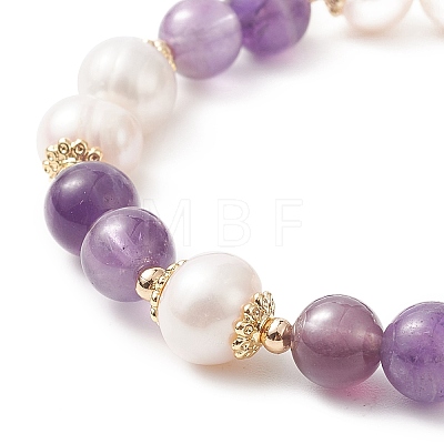 Natural Amethyst & Pearl Round Beaded Stretch Bracelet for Women BJEW-JB09246-01-1