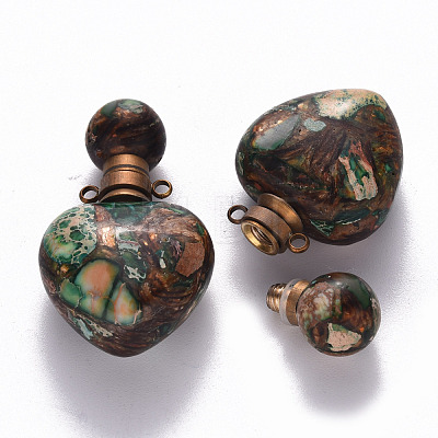 Heart Assembled Natural Bronzite and Synthetic Imperial Jasper Openable Perfume Bottle Pendants G-R484-01C-1