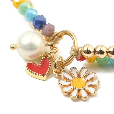 Heart & Daisy Enamel Charm Bracelet with Shell Pearl BJEW-TA00383-1