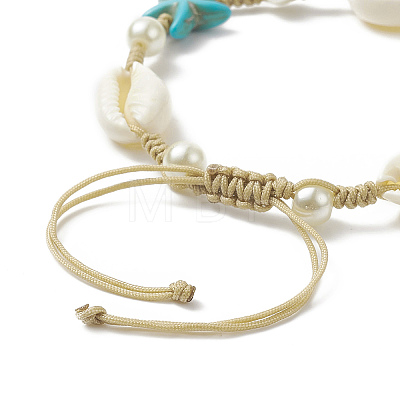Synthetic Turquoise(Dyed) Starfish & Natural Shell & Glass Pearl Braided Bead Bracelet X-BJEW-TA00218-1