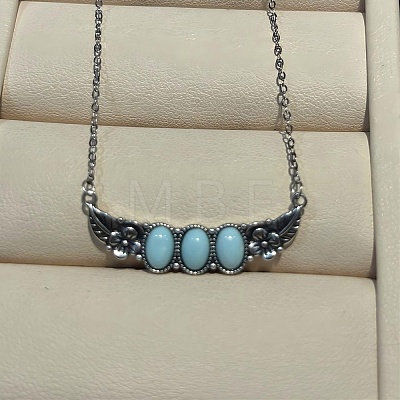 925 Sterling Silver with Dyed Synthetic Turquoise Oval with Leaf Pendant Necklaces NJEW-C109-01-1