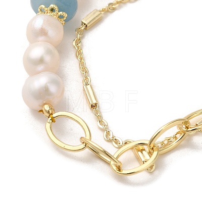 Natural Aquamarine & Pearl Beaded Bracelets BJEW-C051-49G-1