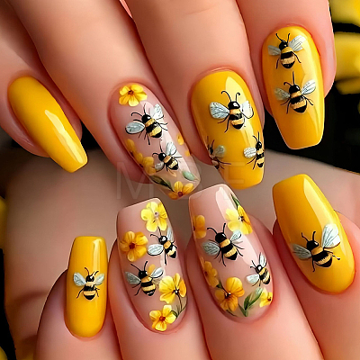 Bees Pattern Plastic Full Cover Press On False Nails MRMJ-CP0001-73-1