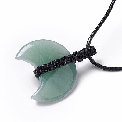 Adjustable Natural Green Aventurine Double Horn Pendant Necklace with Wax Cord for Women NJEW-B086-01G-1