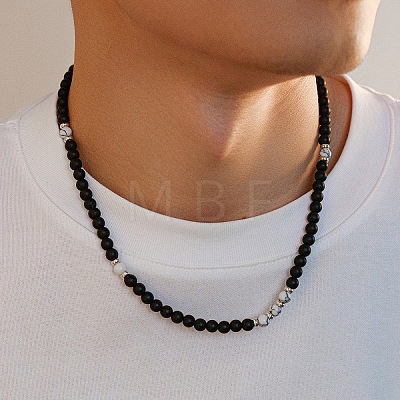 6MM Round Natural Howlite and Frosted Black Stone Beaded Necklaces for Men FQ0489-3-1