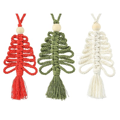 3Pcs 3 Colors Handmade Macrame Cotton Christmas Tree Pendant Decoration HJEW-JM02708-1
