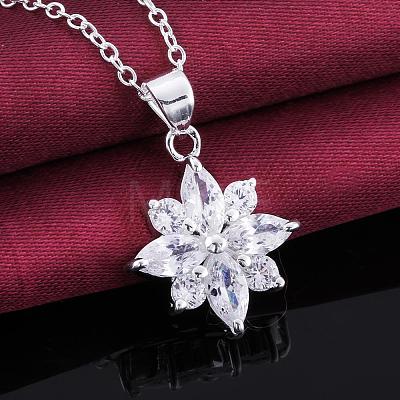 Silver Plated Brass Cubic Zirconia Flower Pendant Necklaces NJEW-BB09546-1
