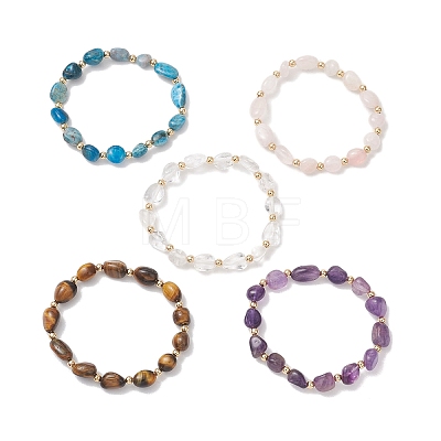 Natural Gemstone & Brass Beads Stretch Bracelets for Women BJEW-JB13414-1