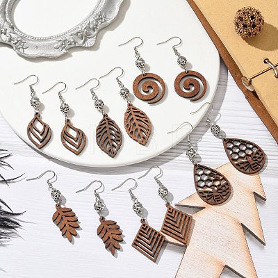 6 Pairs 6 Styles Natural Walnut Wood with Alloy Bead Dangle Earrings for Women EJEW-JE06102-1