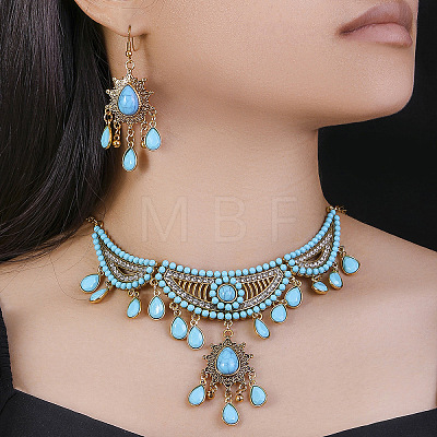 Ethnic Style Alloy Rhinestone & Synthesis Turquoise Earrings & Necklaces Sets for Women FS-WG42FFB-01-1