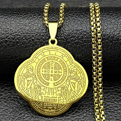 304 Stainless Steel Saint Benedict Pendant Necklaces LS-NJEW-B153-02A-G-1
