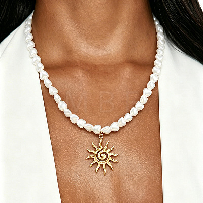 Alloy Textured Pendant White Plastic Pearl Heart Beaded Necklaces WGD8EA0-01-1