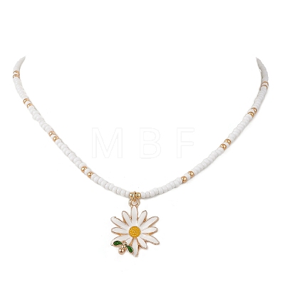 Summer Alloy Enamel Flower Pendant Glass Seed Beaded Necklaces for Women NJEW-MZ00151-02-1