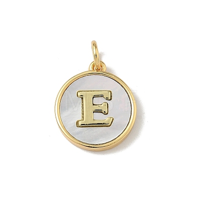 Brass Pave Natural Shell Flat Round with Letter Charms KK-Z115-13G-E-1