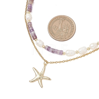 Natural Amethyst Heishi Beads and Rice Natural Pearl Beaded Double Layer 304 Stainless Steel Starfish Pendant Necklaces NJEW-JN05847-02-1