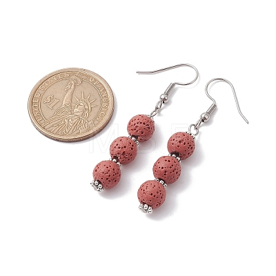 Dyed Nature Lava Rock Round Beaded Dangle Earrings for Women EJEW-JE05636-01-1