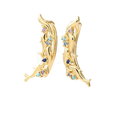 Brass Pave Cubic Zirconia Stud Crawler Earrings KK-CBAA351-20G-02-1