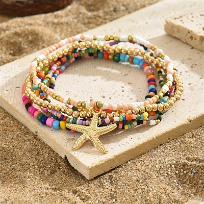 Multilayer Glass Seed Beads Starfish Pendant Anklet for Women PW-WG7288D-01-1