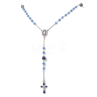 Round Natural Lapis Lazuli and Glass Rosary Bead Necklaces NJEW-JN05717-1