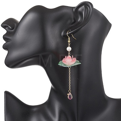 Fish with Lotus Glass & Acrylic Beads Dangle Earrings EJEW-TA00786-1