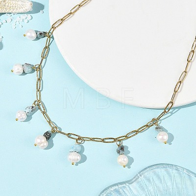 Natural Larimar Chip and Pearl Tassel 304 Stainless Steel Paperclip Chain Necklaces for Women NJEW-JN06528-02-1