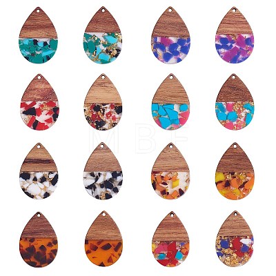 16Pcs 8 Styles Transparent Resin & Walnut Wood Pendants RESI-SZ0001-78-1