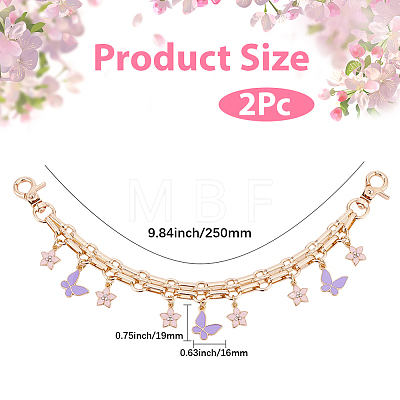 2Pcs Alloy Enamel Lilac Butterfly and Pink Flower Pendant Aluminum Bag Decorative Chains HJEW-BBC0001-38-1