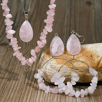 Bohemian Style Natural Rose Quartz Teardrop Pendant Necklaces & Chip Beaded Necklaces & Hoop Earrings & Dangle Earrings Sets WG11994-04-1