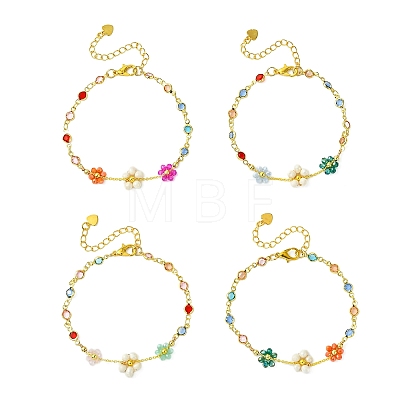 Natural Cultured Freshwater Pearl & Brass & Glass Link Bracelets for Women BJEW-JB14110-1