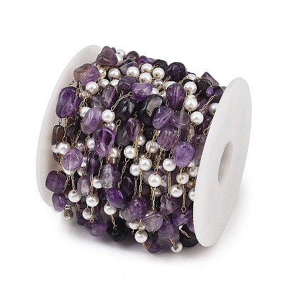Natural Amethyst Nuggets & 316 Stainless Steel Handmade Link Chains CHS-K021-14G-08-1