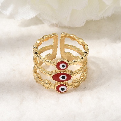 Brass Enamel Evil Eye Open Cuff Rings for Women RJEW-L339-01G-01-1