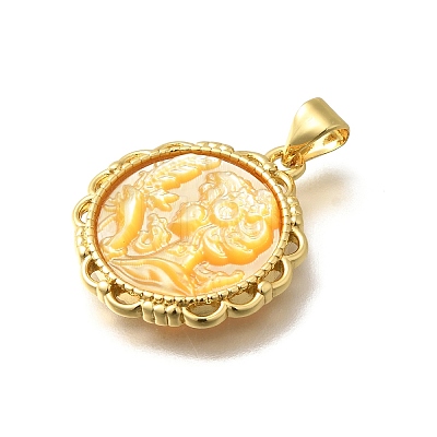 Brass with Natural Shell Carved Pendants KK-Z091-05G-03-1