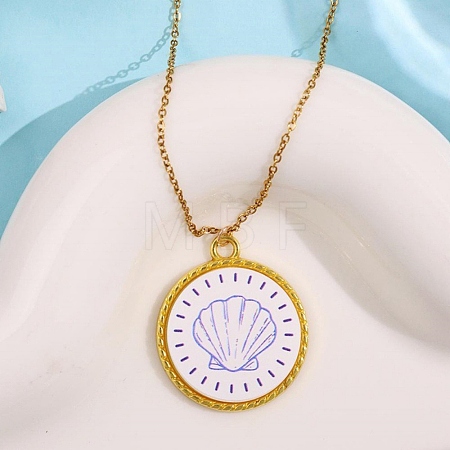 Ocean Theme Alloy Acrylic Shell Shape Pendant 201 Stainless Steel Cable Chain Necklaces for Women NJEW-F369-01C-1