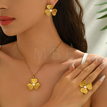 304 Stainless Steel Imitation Pearl Flower Stud Earrings & Pendant Necklaces & Rings Sets for Women WG65500-06-1