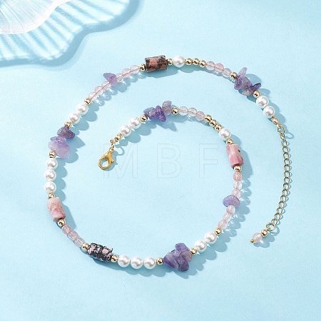 Round Cherry Quartz Glass & Natural Amethyst Chip & Rhodonite Baeded Necklaces for Women NJEW-JN05634-1