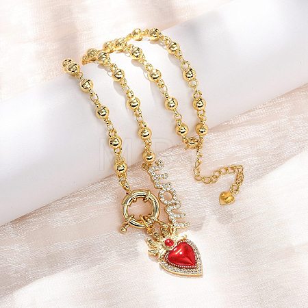 Mother's Day Brass Micro Pave Clear Cubic Zirconia Enamel Red Sacred Heart Mama Pendant Necklaces for Women NJEW-A071-12C-G-1