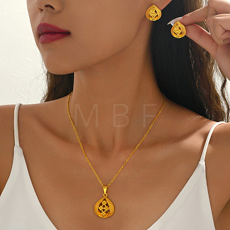 Brass Teardrop with Flower Pendant Necklace & Stud Earrings Sets for Women WB6446-1