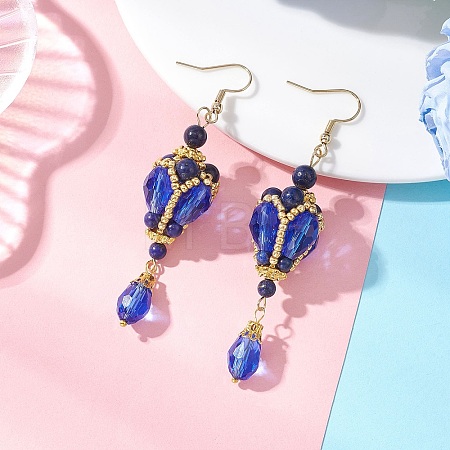 Teardrop Natural Lapis Lazuli & Glass Beaded Dangle Earrings EJEW-MZ00686-03-1
