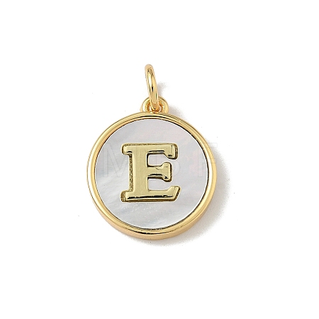Brass Pave Natural Shell Flat Round with Letter Charms KK-Z115-13G-E-1