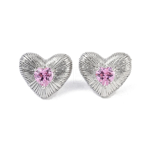 Heart 304 Stainless Steel Pearl Pink Cubic Zirconia Stud Earring for Women EJEW-Z047-05P-01-1