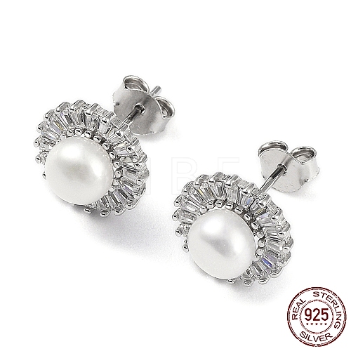 Cubic Zirconia Flower with Natural Pearl Stud Earrings EJEW-F318-16P-1