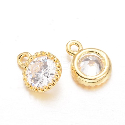 Flat Round Brass Cubic Zirconia Charms KK-L134-14G-1