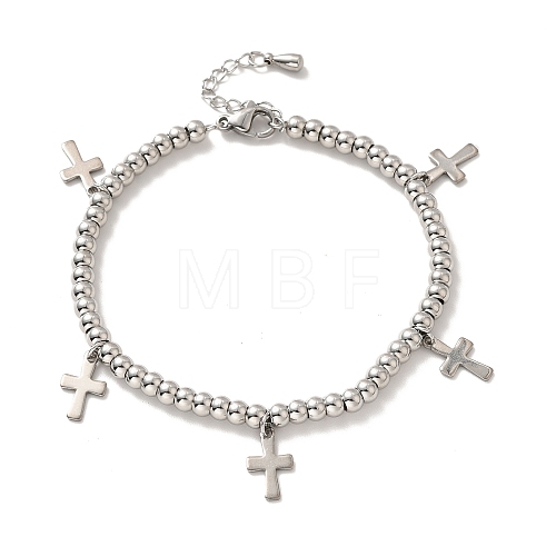 Tarnish Resistant 304 Stainless Steel Cross Charm Bracelet with 201 Stainless Steel Round Beads for Women BJEW-B057-24P-1