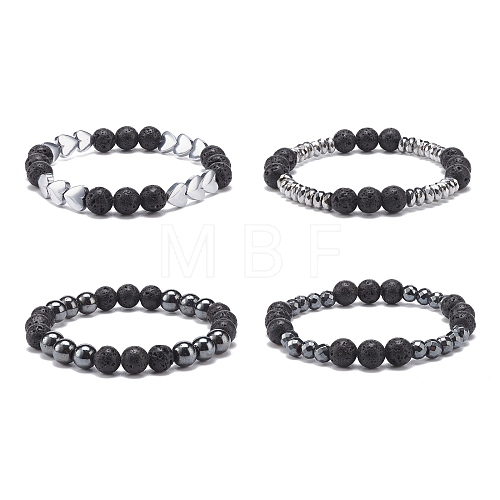 4Pcs 4 Style Natural Lava Rock & Synthetic Hematite Beaded Stretch Bracelets Set BJEW-JB08480-1